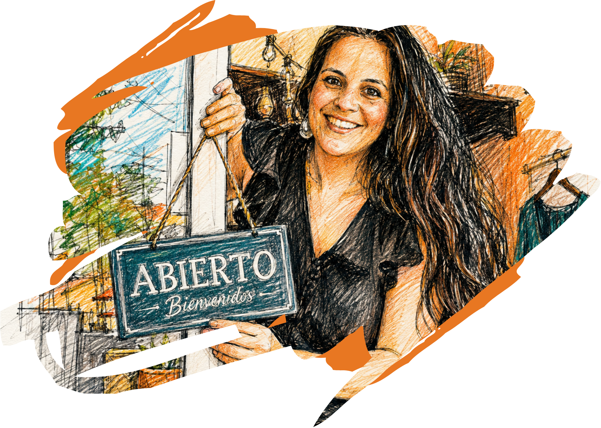 graphic-1 Smiling woman holding a sign that reads 'ABIERTO Bienvenidos' in a colorful, sketchy background.