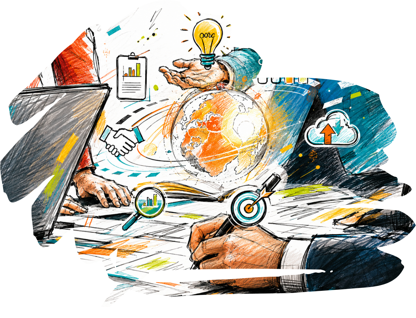 graphic-2 Illustration of a hand holding a glowing light bulb over a globe, with charts, hands, and a cloud icon symbolizing global innovation and ideas.
