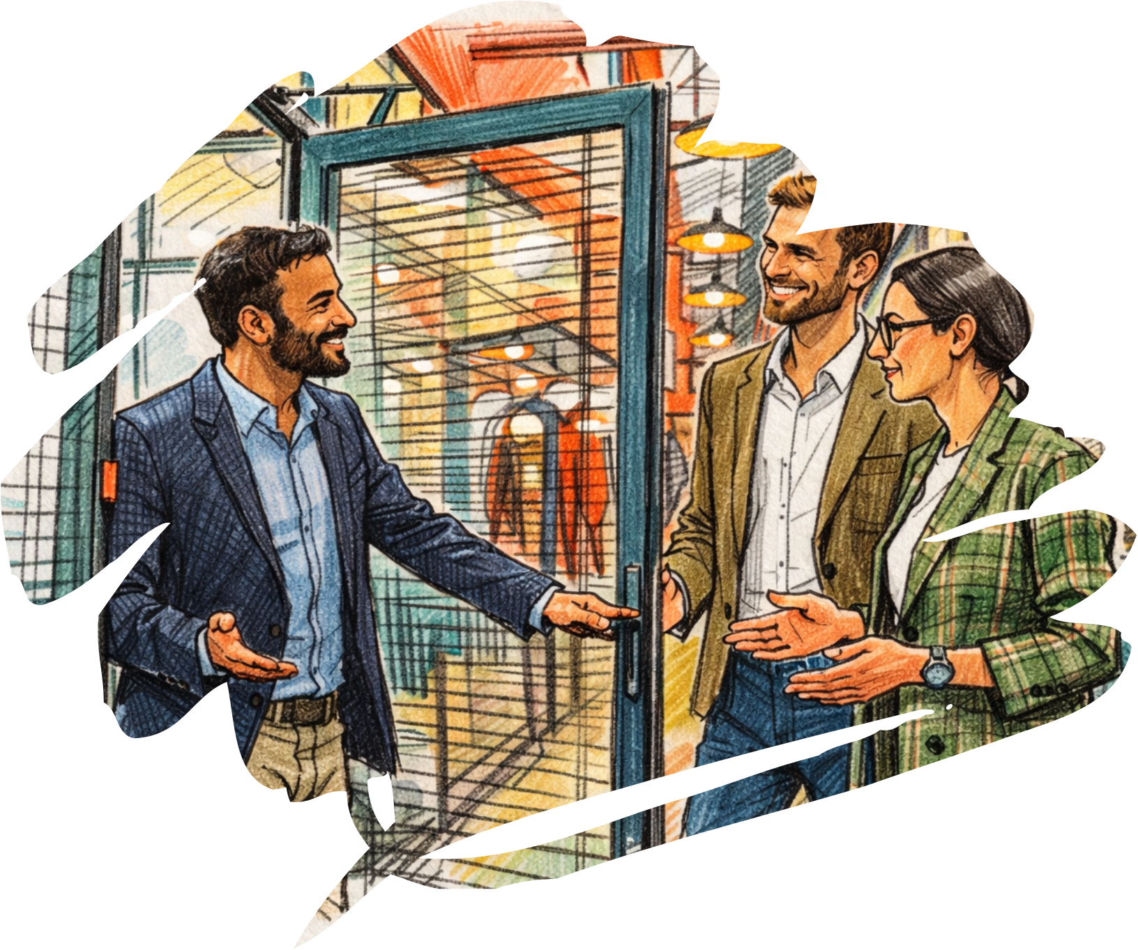 Three colleagues in smart casual clothing greet each other with handshakes by an office doorway, smiling and talking.